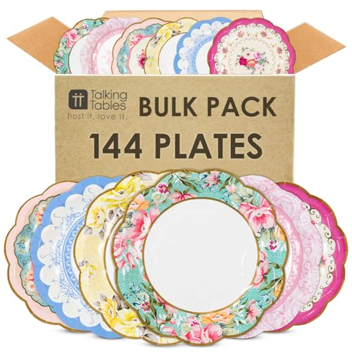 Talking Tables 144 x Bulk Pack Floral Disposable Paper Plates Pretty Fancy Plates Afternoon Tea Party Table Decorations for Birthday Mother`s Day Baby Shower Wedding, Bridal Shower 6.7 Inches