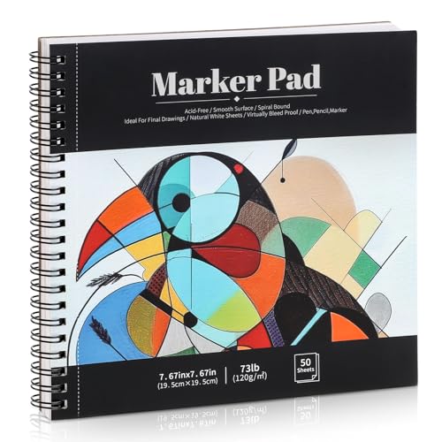 50 Sheets Marker Paper Pad, 7.6×7.6 Inch Bleedproof Art Sketch Pad, 73lb/120gsm Drawing Paper Spiral Sketch Book, Alcohol Marker Paper Painting Coloring Paper for Beginners, Artists, Ideal Gift