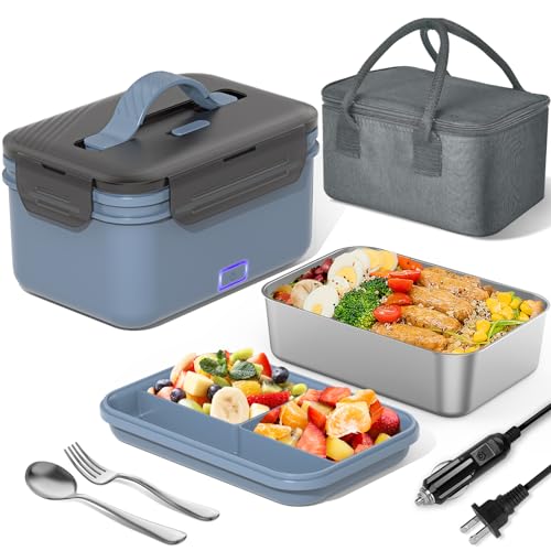 Herrfilk Electric Lunch Box Food Heater 100W, 4 in 1 Ultra Quick Heated Lunch Boxes for Adults 12V/24V/110V/220V Portable Food Warmer for Car/Truck/Office With Fork Spoon and Insulated Carry Bag