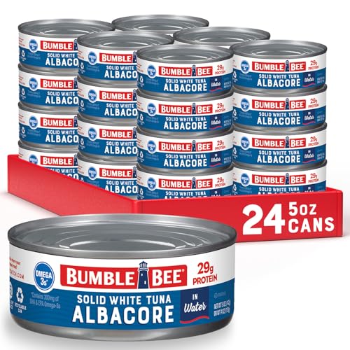 Bumble Bee Solid White Albacore Tuna in Water, 5 oz Can (Pack of 24) - Wild Caught Tuna - 29g Protein per Serving, High in Omega-3s - Non-GMO Project Verified, Gluten Free, Kosher