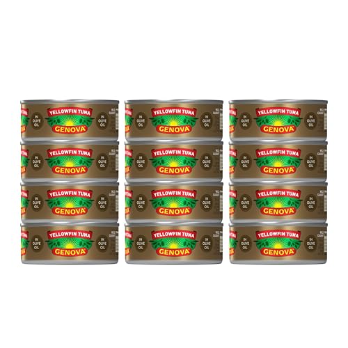 Genova Premium Yellowfin Tuna in Olive Oil, 5 Ounce Cans (Pack of 12), Wild Caught Canned Tuna, Solid Light