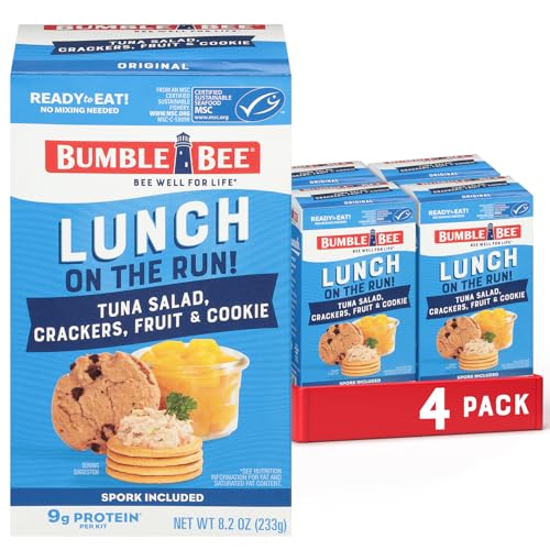 Bumble Bee Lunch On The Run Tuna Salad Meal Kit, 8.2 oz (Pack of 4) - Ready to Eat, Includes Crackers, Cookie & Peaches - Wild Caught Tuna - Shelf Stable & Convenient Source of Protein