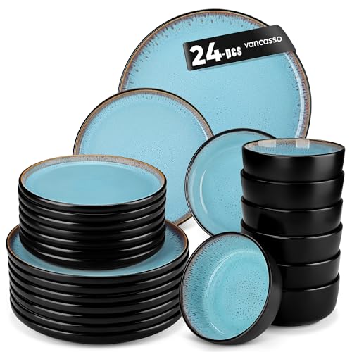 vancasso Plates and Bowls Sets, 24 Pieces Stoneware Dinnerware Sets for 8, Kitchen Dish Set Mircowave and Dishwasher Safe Ceramic Dishware, Blue, Series AMBER