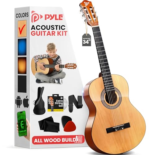 Pyle Beginner Acoustic Guitar Kit, 1/2 Junior Size All Wood Instrument for Kids, Adults, 34" Natural Gloss