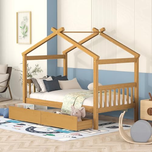 Merax Twin Size Wooden House Bed with Two Drawers, Wood Bed Frame with Roof for Kids, Teens, Boys or Girls, Natural