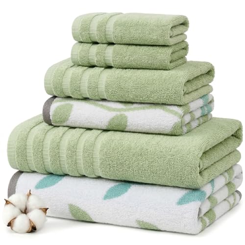 Modern Threads Natural Vine 6-Piece 100% Cotton Towel Set – Yarn Dyed Jacquard – Includes 2 Bath Towels, 2 Hand Towels, 2 Washcloths – Absorbent, Quick Dry, Soft & Durable – Sage Green