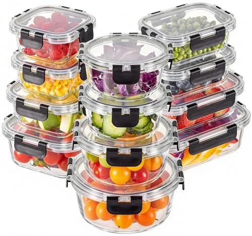 Liuruiyu 12 Pack Glass Food Storage Containers with Lids, Meal Prep Containers, Airtight Bento Boxes with Leak Proof Locking for Microwave, Oven, Freezer and Dishwasher, BPA Free