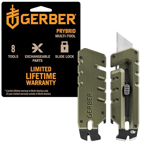 Gerber Gear Prybrid Utility Knife with Pry Bar, EDC Multi-Tool Pocket Razor Knife with Retractable Box Cutter Blade, Green G10
