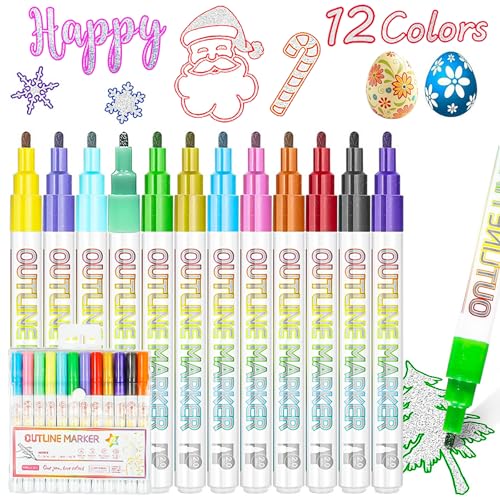 JZILU Double Line Outline Markers, 12 Colors Glitter Metallic Gel Pens Set, Easter Basket Stuffers For Teen Girls Kids, Art Supplies For Kids 9-12, 4-12 Year Old Girl Birthday Gifts