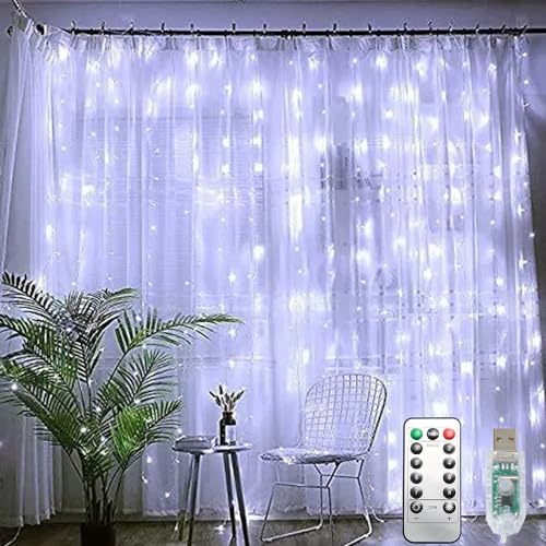 PUHONG Curtain String Lights, 300 LED Fairy Lights with 8 Light Modes, 9.8x9.8Ft Remote Controlled Plug-in Fairy String Lights for Christmas, Bedroom, Indoor, Outdoor, Weddings, Party Decor (White)