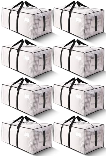 HOMESURE Supports 200lbs Heavy Duty Moving Bags - Strong Zipper & Wrap-Around Handles - Water-Resistant Storage Totes, Durable Alternative to Moving Boxes - 8 Pack - Semi-Transparent