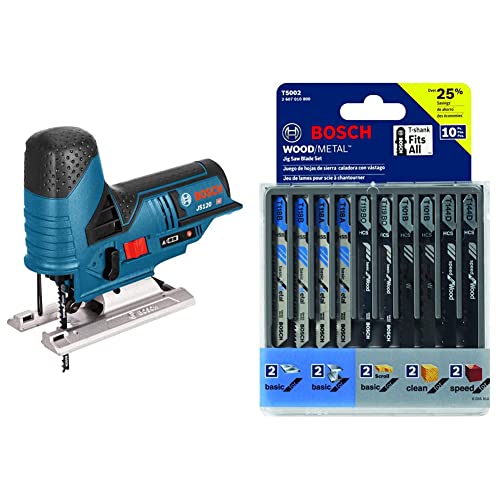 Bosch JS120N 12V Max Barrel-Grip Jig Saw (Bare Tool), Blue&BOSCH T5002 T-Shank Multi-Purpose Jigsaw Blades, 10 Piece, Assorted, Jig Saw Blade Set for Cutting Wood and Metal