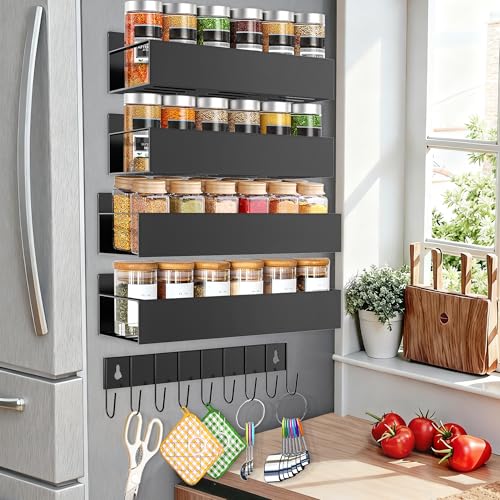 SMRCAD Magnetic Spice Rack for Refrigerator Seasoning Organizer for Spice Fridge Shelf storage Magnetic Shelf with Hook for Oven (BLACK, 5pack)