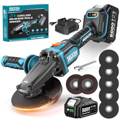 SEESII Flathead Brushless Angle Grinder, 21V Cordless Variable Speed Grinder Kit 5.0Ah Battery+Charger, 4-1/2 to 5" Cut Off Tool, 6-Speed, 20ms Brake+Drop Protection for Metal Cutting, Auto Body, DIY