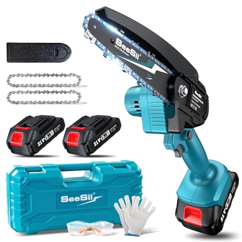 Seesii Mini Chainsaw, 6-inch Mini Chainsaw Cordless, Handheld Electric Power Chain Saw with 2 Batteries, for Tree Trimming Wood Cutting, Best Gifts for Father, Dad, Husband, Men