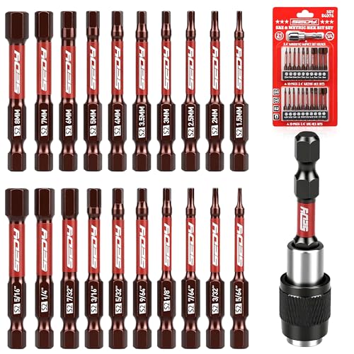 21-Piece 2.5" Hex Head Allen Wrench Drill Bit Set, 1/4" Hex Screwdriver Bits Set with Durable Magnetic Impact Bit Holder, SAE & Metric Allen Key, S2 Steel, Mechanic Home Repair