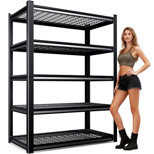 AOAORGG 71" H Garage Shelving 5-Tier Heavy Duty Storage Shelves, Tool-Free Adjustable Metal Shelf Unit, Utility Organizer Rack for Basement, Pantry, Kitchen, Warehouse, 15.7" Dx35.4 Wx71 H, Black