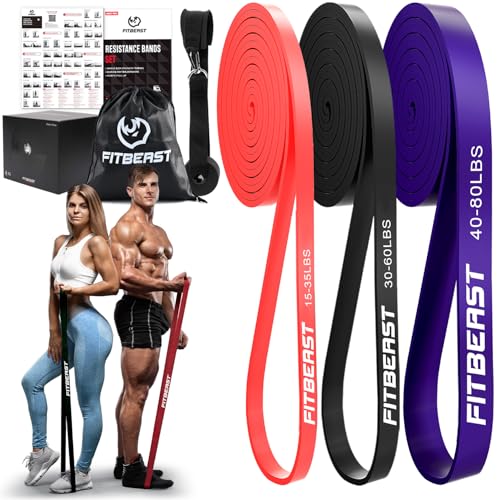 FitBeast Resistance Bands Set, 3 Different Levels, Pull Up Assist Bands for Strength Training, Crossfit, Powerlifting, Muscle Toning, Mobility Exercises, Full-Body Workout (Multicolor 15-80 lbs)