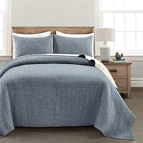 Lush Decor Solid Kantha Pick Stitch Yarn Dyed Cotton Quilt King Size 3 Piece Set Navy & Off White - Bedding Set King Quilt - Lightweight Quilts