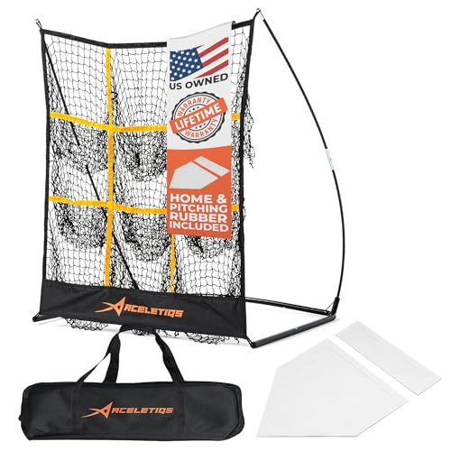 ACELETIQS® 9 Hole Pitching Net with Strike Zone for Baseball Pitching Target (Standard & 3X Adjustable Heights) – Portable Pitcher Training Equipment, Heavy-Duty Frame [Rubber+Base+U Stakes Included]