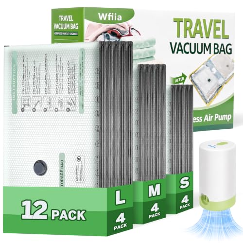 9+3 Packs Vacuum Bags for Travel with Rechargeable air Pump, 3 Sizes Vacuum Seal Bags for Clothing, Space-Saving Compression Storage Bags for Travel & Closet Organization