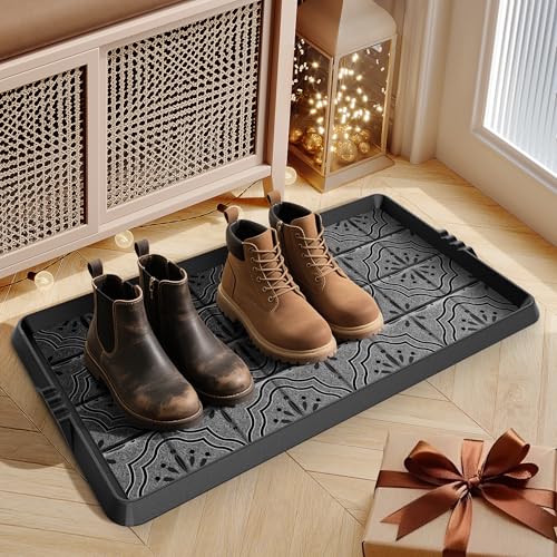 Mibao Boot-Tray Heavy Duty Rubber Shoe Mat with Lip Waterproof Shoe Tray for Entryway Indoor Outdoor Multi Use, Non-Slip Shoe Cleaning Shoe Storage with Artistic Prints, 16" x 27.5", Grey