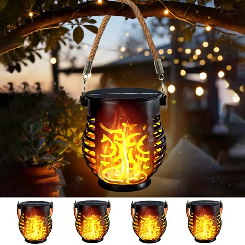 4 Pack Solar Lanterns Outdoor Waterproof, Solar Lantern with Realistic Flickering Flame, Auto On/Off Solar Powered Garden Light with Hemp Rope Handle for Outside Tree Patio Porch Camp Tabletop Decor