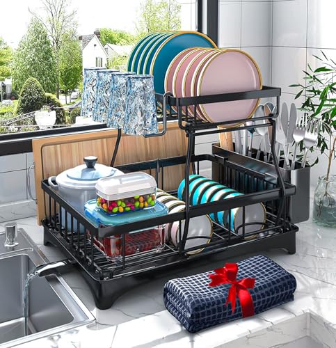 Godboat Dish Drying Rack, 2-Tier Dish Rack with Auto-Drain & Mat, Dish Racks for Kitchen Counter, Dish Drainer with Knife, Fork & Cup Rack, Gifts for Women, Mothers Day, Cool Stuff & Kitchen Gadgets