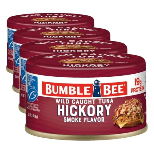 Bumble Bee Snackers - Hickory Smoke Tuna, 3 oz Easy Open Can - 19g Protein per Serving - Wild Caught Skipjack Chunk Light Tuna Pack - No Draining, Ready to Eat (Pack of 4)