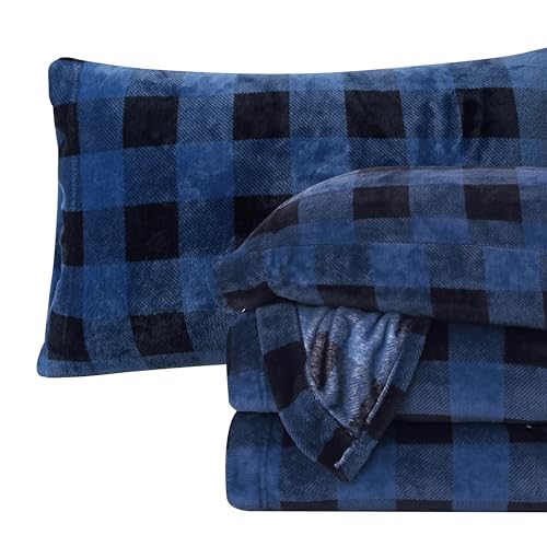 Elegant Comfort Luxuriously Soft 4-Piece Velvet Plush Flannel Sheet Set - Premium Quality - Cozy Warm, Anti-Static, Non Pilling Fuzzy Velvet Flannel Fleece Deep Pocket Sheet Set - King, Buffalo Blue