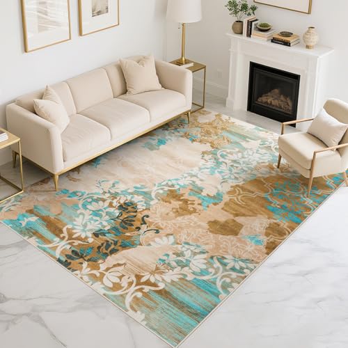 CRYPTOLITE Living Room Rug Washable Abstract Rugs with Non-Slip Backing Low Pile Area Rug for Living Room, Bedroom, Dining Room, 6x9, Orange-Yellow