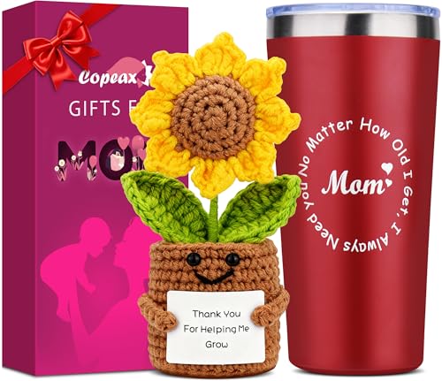 Birthday Gifts for Mom from Daughter Son,Mom Gifts Set w/Handmade Crochet Sunflower & Insulated Tumbler,Cool Women Gifts Ideas for Mothers Day,Unique Presents for Mom,Mommy,Mother in Law