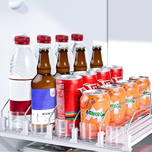 Drink Organizer for Fridge, Soda Can Organizer Dispenser for Refrigerator with Automatic Pusher Glide, Width Adjustable Clear Dividers Can Holder for 25 Cans, 15''D x16.6''W, 5 Rows