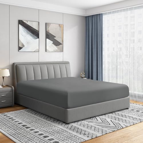 Cathay Home Luxury Wrinkle And Fade Resistant Double Brushed Ultra Soft Microfiber 14-inch Standard Pocket Single Fitted Sheet, Gray, Queen