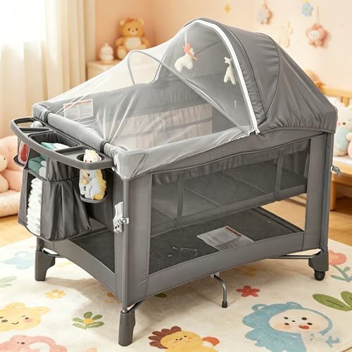 Garvee 5 in 1 Baby Bassinet,Bedside Crib Sleeper,One-Push Setup Pack and Play,Diaper Changer,Come with Comfy Mattress,Rotating Toy Bar,Insect Net,from Infants to Newborn & Toddlers