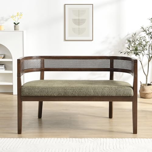 Christopher Knight Home Xiza Modern Boucle Upholstered Loveseat Sofa with Rubberwood Frame, Comfy 2-Seater Sofa Couch and Rattan Backrest, Love Seat Couches for Living Room, Green + Walnut