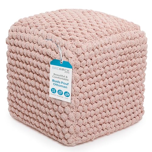 BIRDROCK HOME Square Pouf Ottoman Foot Rest - 18” Compact Comfortable Soft Cotton Knit Bean Bag Floor - Chair Foot Stool Seat for Living Room, Bedroom, Kids Room or Nursery (Dusty Rose Pink Bud)