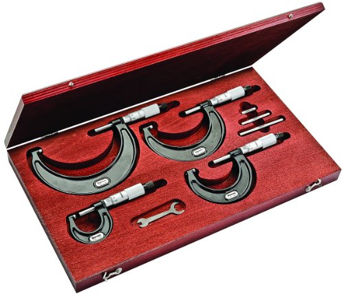Starrett S436.1MBXRLZ 436.1 Series Outside Micrometer Set, Ratchet Stop, Lock Nut, Carbide Faces, 0-100mm Range, 0.01mm Graduation