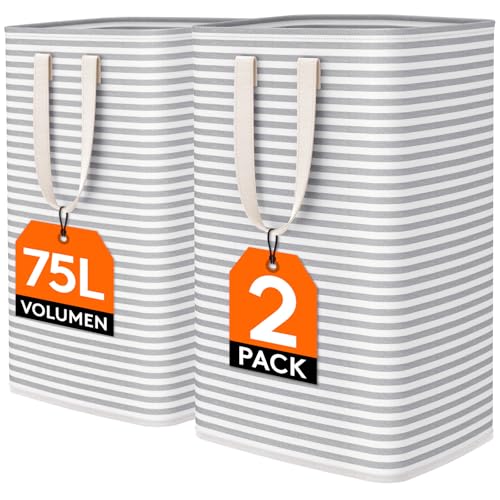 Lifewit 2 Packs Freestanding Clothes Hamper with Carry Handles, Large Tall Laundry Basket for Organization for Adults in Laundry Room Dorm Bedroom, Gray, 2 x 75L