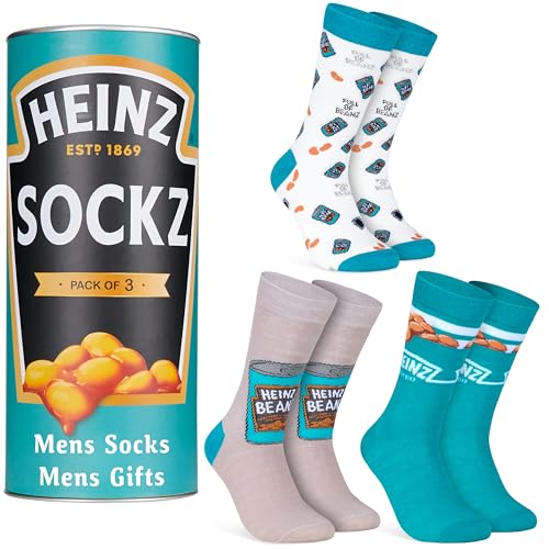 Heinz Socks for Men Teens, Pack of 3 Ketchup Baked Beans Crew Socks in Can, Soft Breathable Size 9–12, Funny Gifts for Him (Teal Beans)