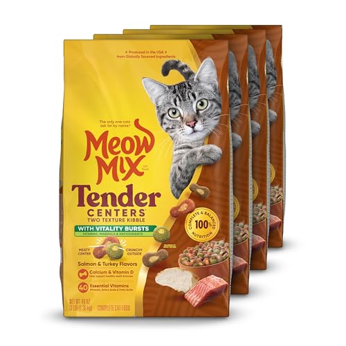 Meow Mix Tender Centers Dry Cat Food, Salmon & Turkey, 3 Pounds (Pack of 4), with Vitality Bursts