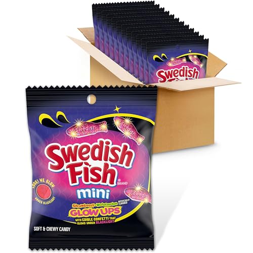 SWEDISH FISH Mini Glow Ups Strawberry-Watermelon Soft & Chewy Gummy Candy, Bulk Candy, 12-3.08 oz Bags