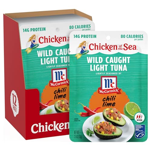 Chicken of the Sea Lightly Seasoned Chili Lime Wild Caught Light Tuna, 2.5 Ounce Packets, 12-Count – McCormick Flavored High Protein Tuna in Water – Easy, Delicious, Nutritious Ready to Eat Meals