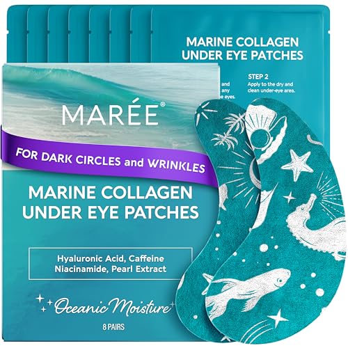 MAREE Hydrating Under Eye Patches for Puffy Eyes and Dark Circles – Marine Collagen & Caffeine Eye Patches – Brightening Eye Patche with Niacinamide – Depuffing Eye Mask for Dark Circles and Puffiness