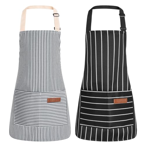 XLSXEXCL 2 Pack Stripes Kid's Apron with 2 Pockets, Cute Kid's Apron for Boys & Girls, Adjustable Chef Apron for Cooking, Cleaning, Painting (Glue + Black, 45x50cm)