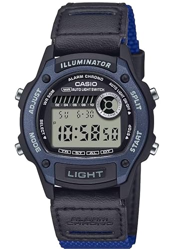 Casio Illuminator W-220HF Series | Digital Watch | Fabric & Leather Strap | Full Auto LED Backlight | Dual Time | Stopwatch | 50M Water Resistant | Black/Blue