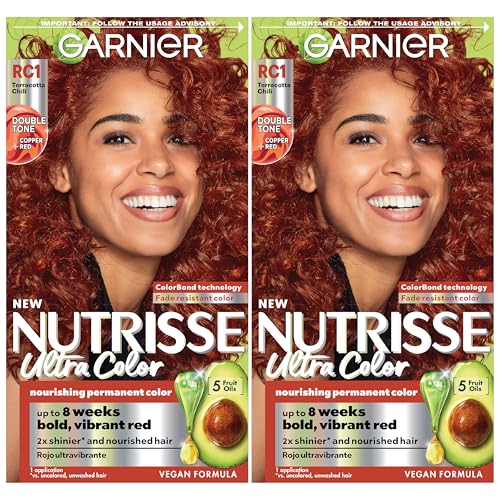 Garnier Nutrisse Ultra Color Hair Color, Permanent Hair Dye for Up to 8 Weeks of Bold, Vibrant, Fade-Resistant Results, Vegan & Cruelty-Free, RC1 Medium Intense Copper Red (Terracotta Chili), 2 Count
