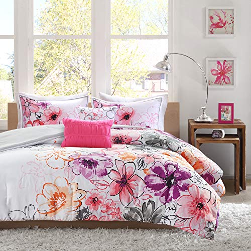 Intelligent Design Comforter Set Vibrant Floral Design, Teen Bedding for Girls Bedroom, Mathcing Sham, Decorative Pillow, Full/Queen, Olivia Pink 5 Piece