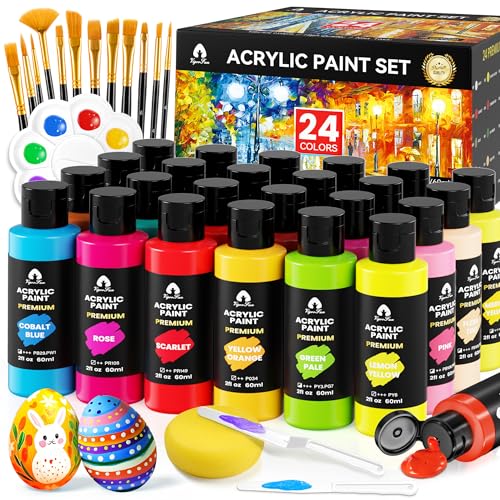 40 Pcs Acrylic Paint Set - 24 Colors (2oz/60ml) with 12 Brushes, 2 Knives & Palette - Rich Pigments for Adult, Artists & Beginners - Painting on Halloween Pumpkin Canvas Ceramic Rock Wood