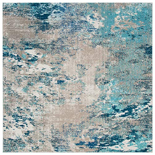 SAFAVIEH Madison Collection Area Rug - 10' Square, Blue & Grey, Modern Boho Abstract Design, Non-Shedding & Easy Care, Ideal for High Traffic Areas in Living Room, Bedroom (MAD440M)